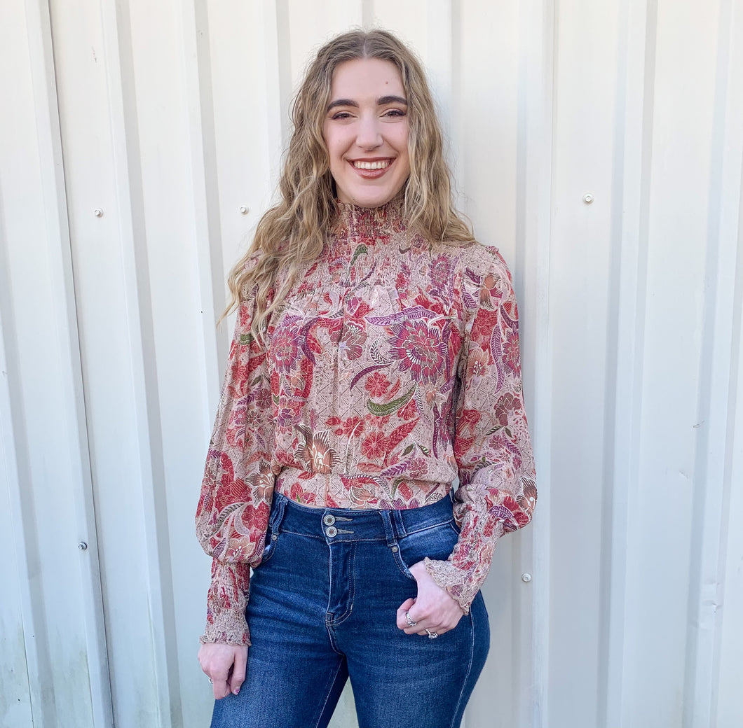 Floral Print Mock Neck Top
