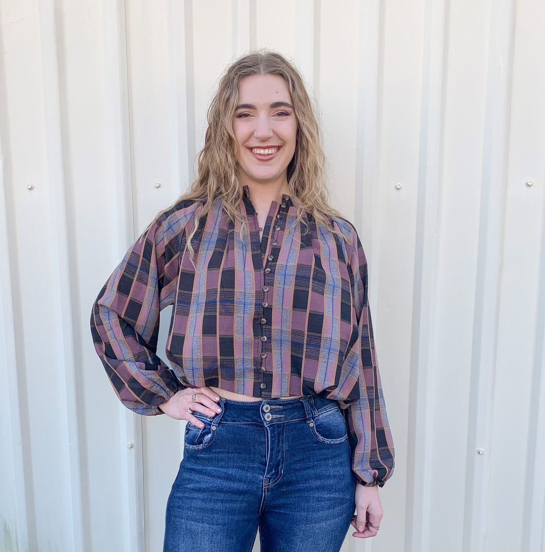 Checkered Plaid Cropped Button Down Top
