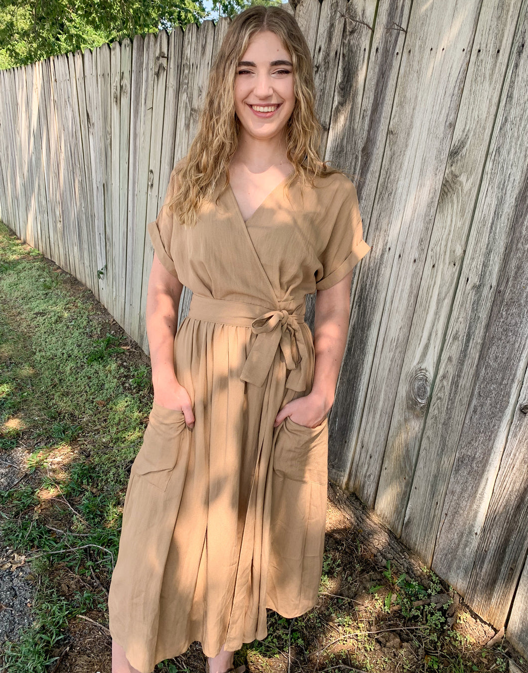 Tan Wrap Midi Dress