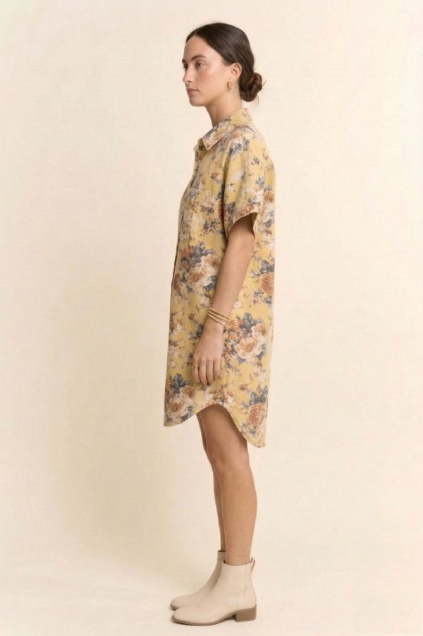 Yellow Vintage Floral Shirt Dress