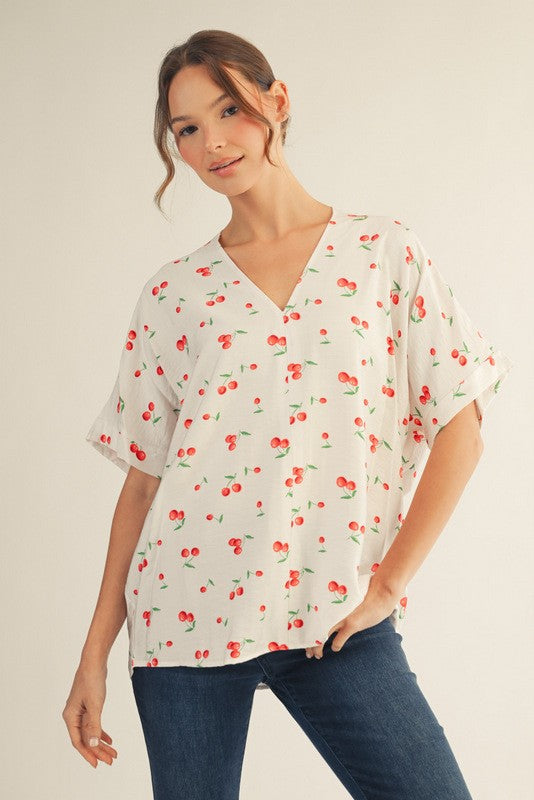 Cherry Printed Short Sleeve Top