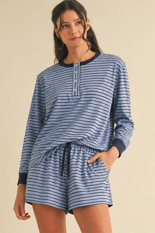 Light Blue Striped Henley Set