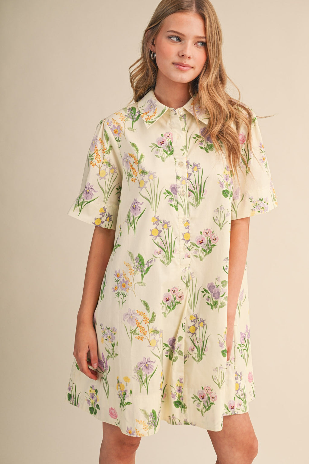 Cream Floral Collar Mini Dress
