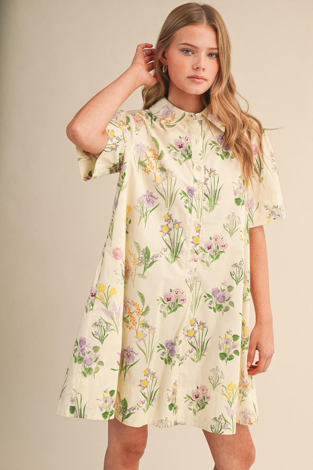 Cream Floral Collar Mini Dress