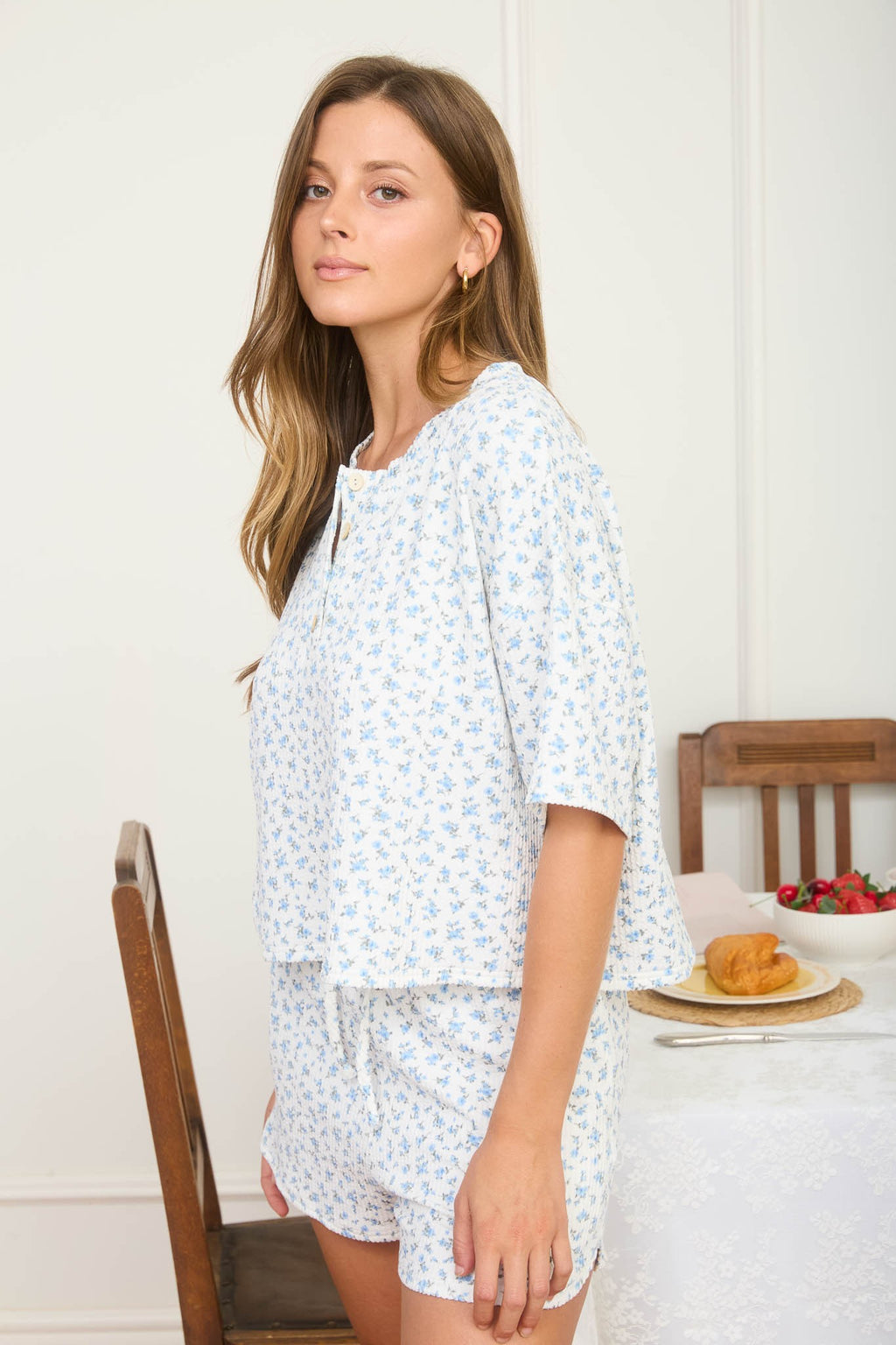 White with Blue Floral Henley Top
