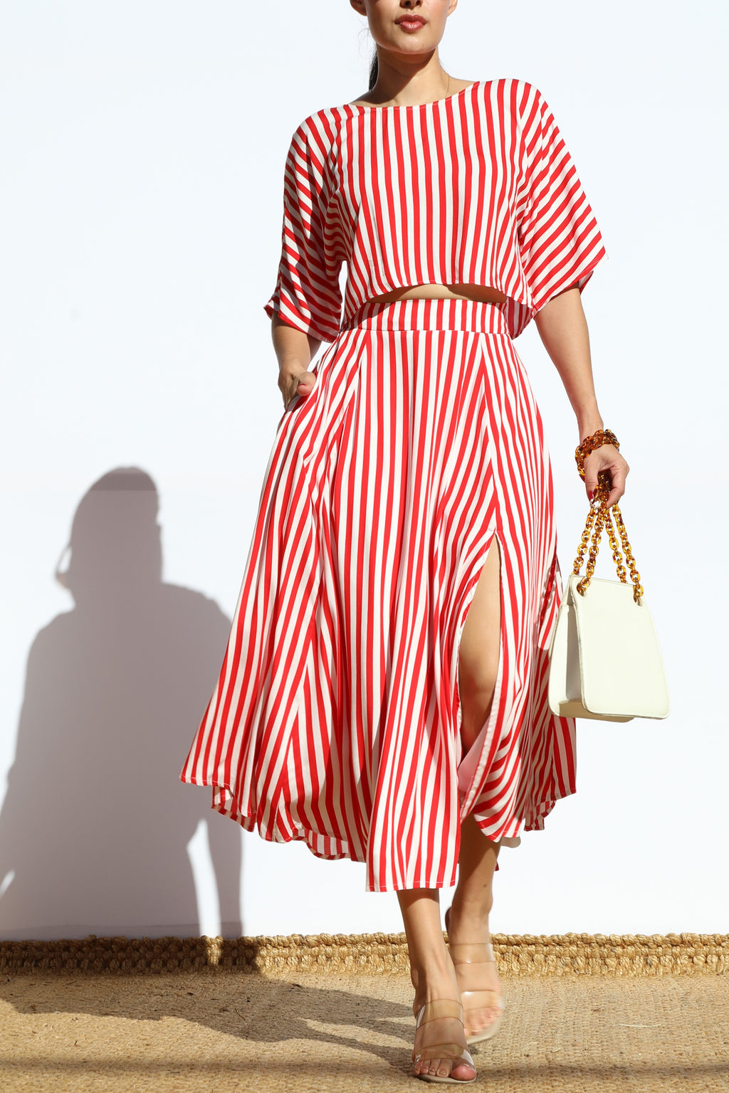 Red Striped Slit Skirt Set