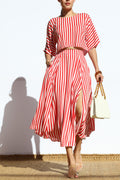 Red Striped Slit Skirt Set