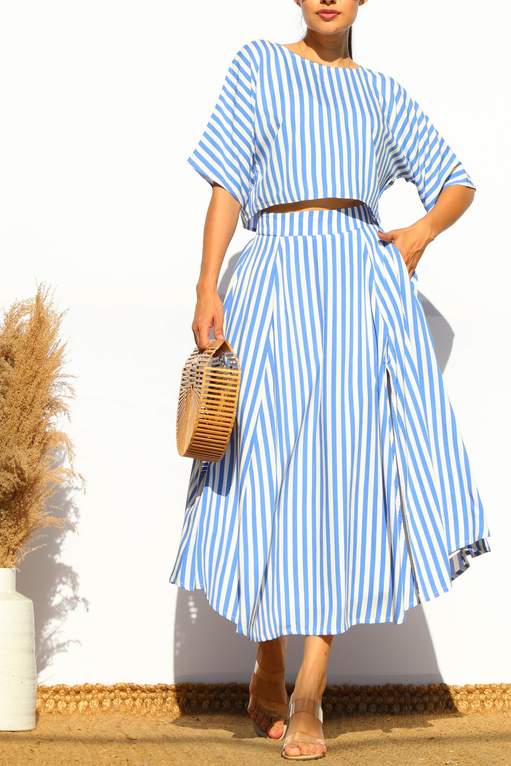 Blue Striped Slit Skirt Set