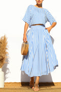 Blue Striped Slit Skirt Set