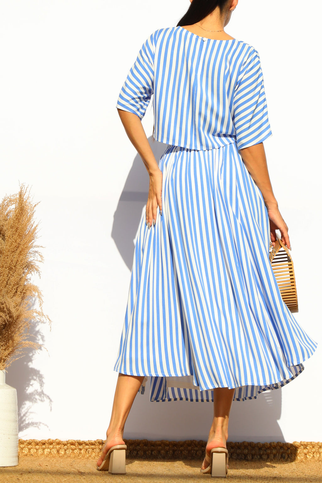 Blue Striped Slit Skirt Set