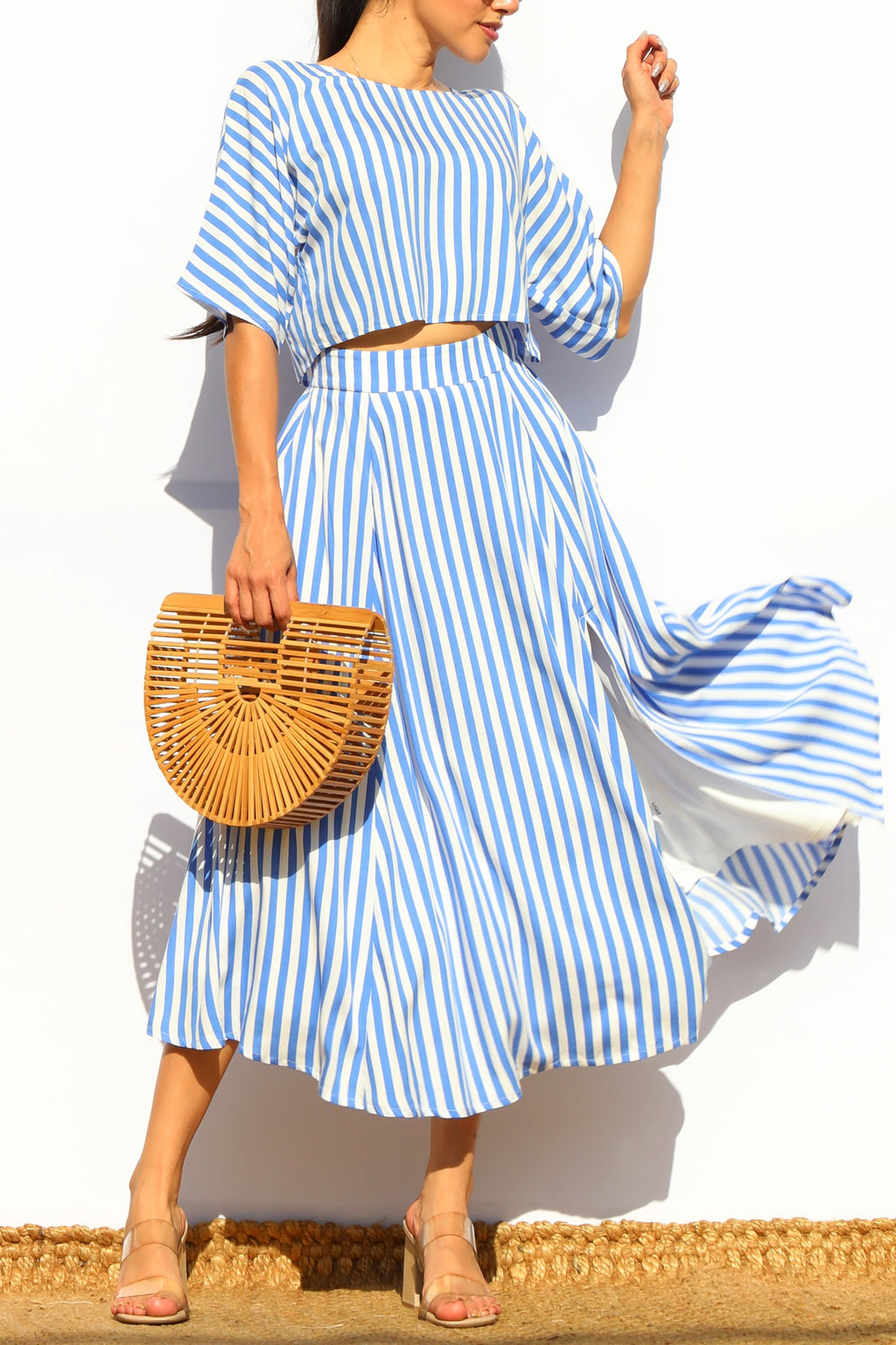 Blue Striped Slit Skirt Set