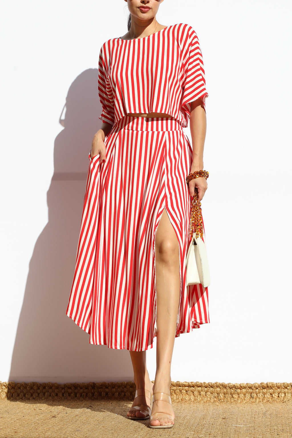 Red Striped Slit Skirt Set