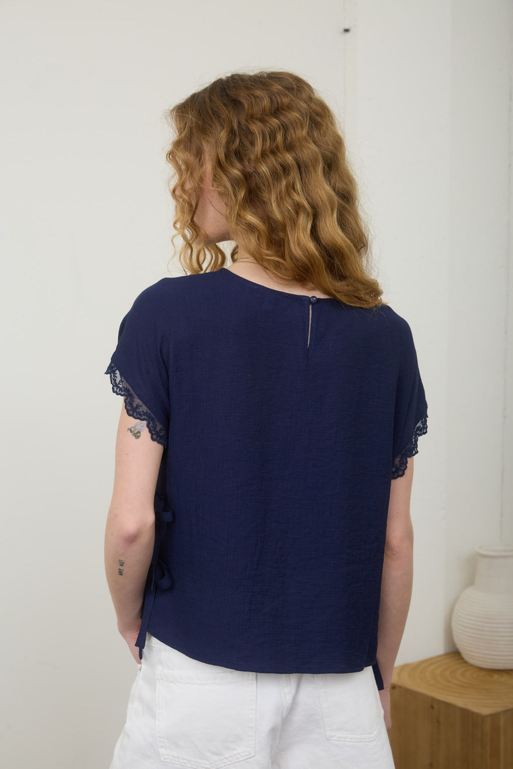 Navy Side Tie Woven Top