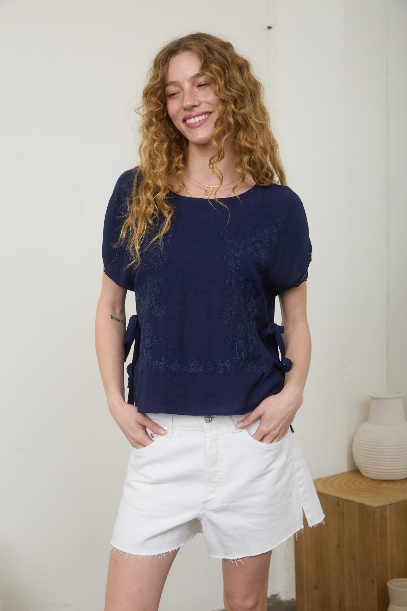 Navy Side Tie Woven Top