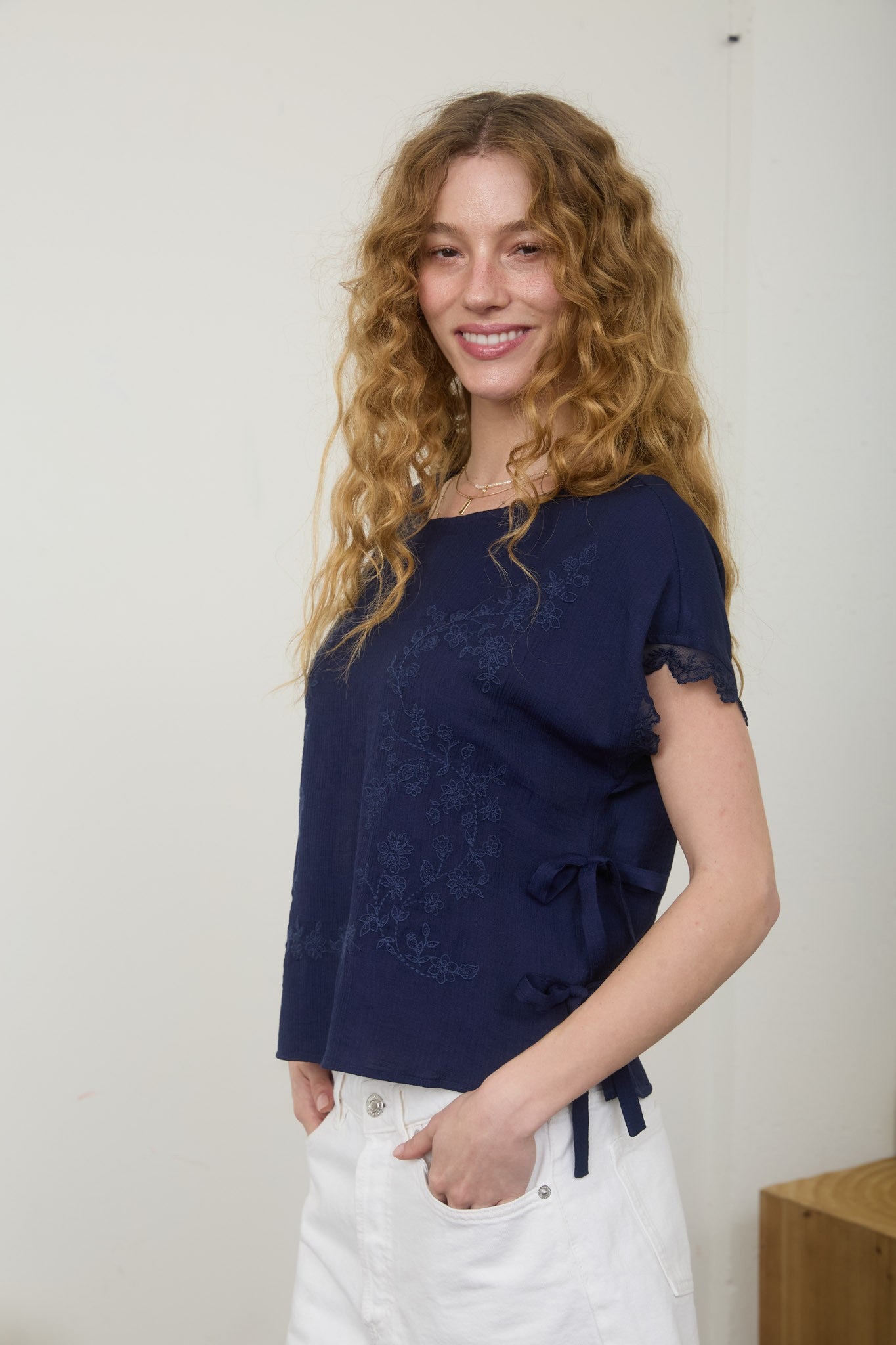 Navy Side Tie Woven Top
