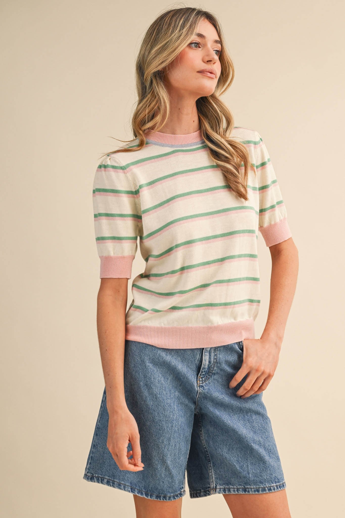 Light Pink Striped Short Sleeve Sweater