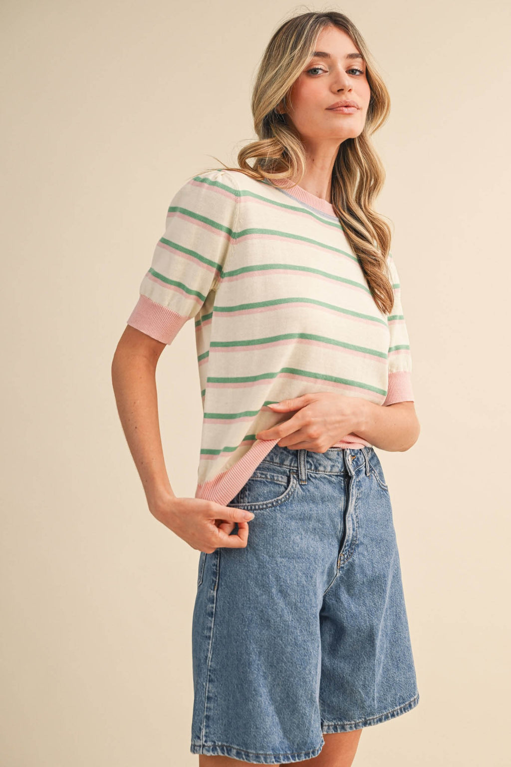 Light Pink Striped Short Sleeve Sweater