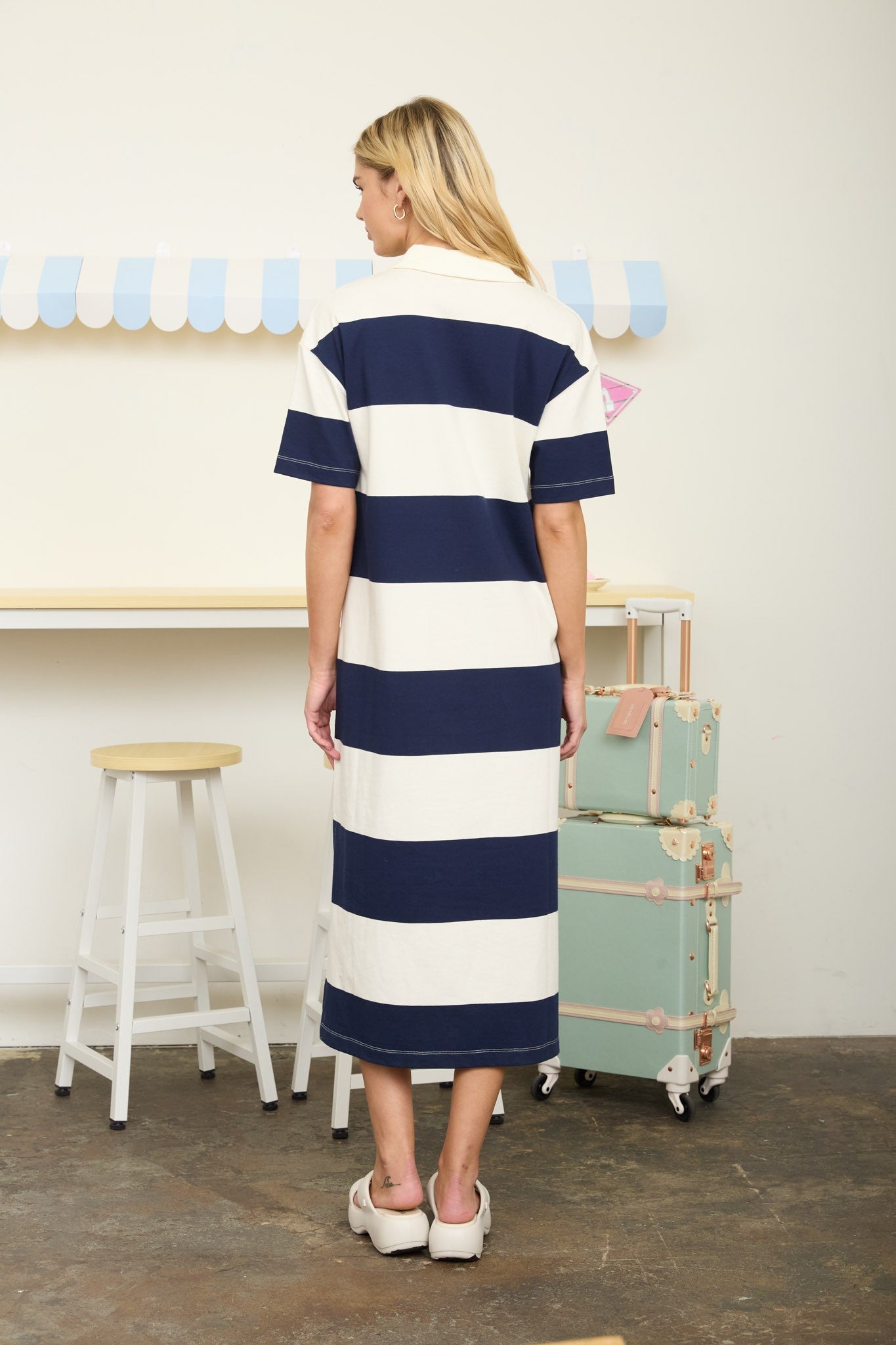 Navy Striped Polo Midi Dress