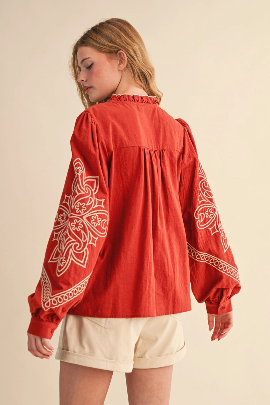 Rust Embroidered Button Up Top