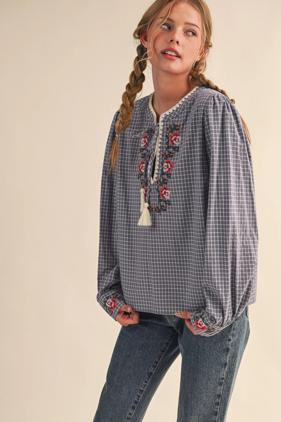 Blue Checkered Floral Embroidered Top