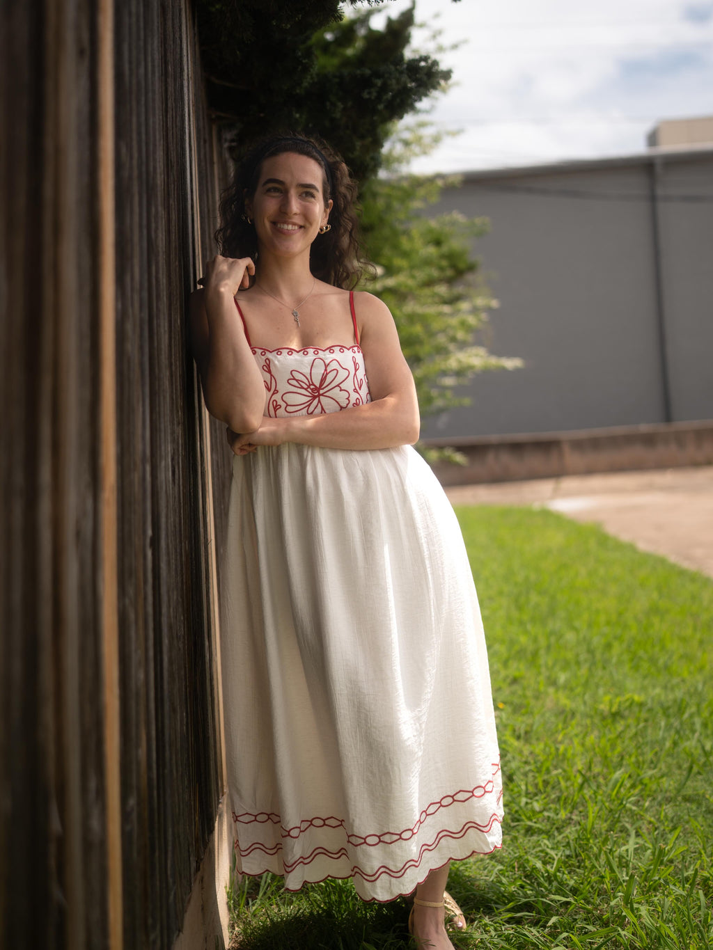 Cream with Red Embroidered Maxi Dress