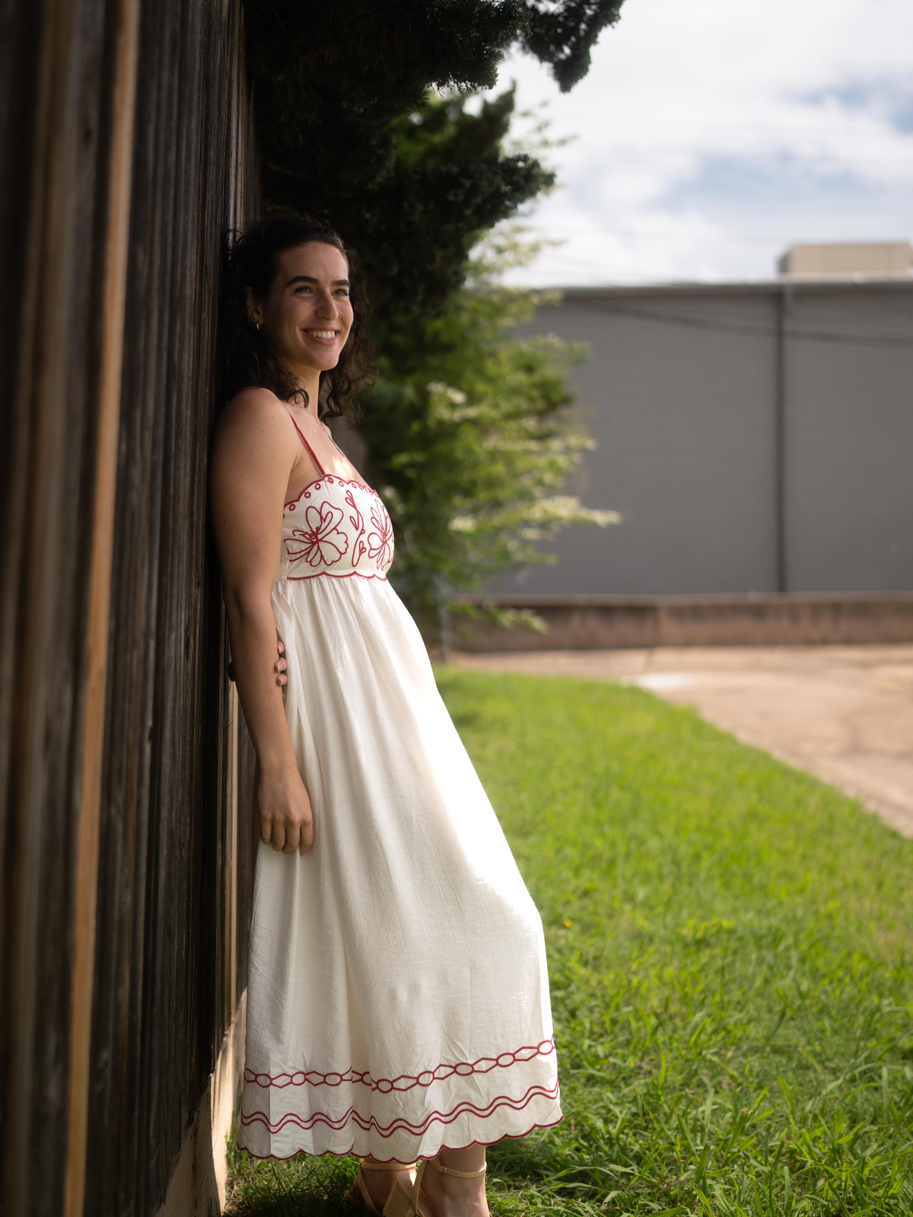 Cream with Red Embroidered Maxi Dress