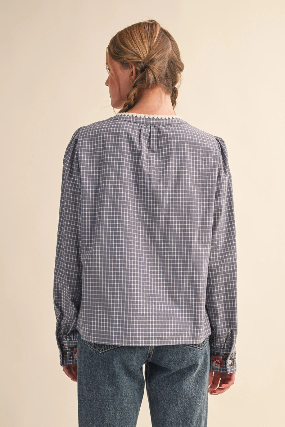 Blue Checkered Floral Embroidered Top