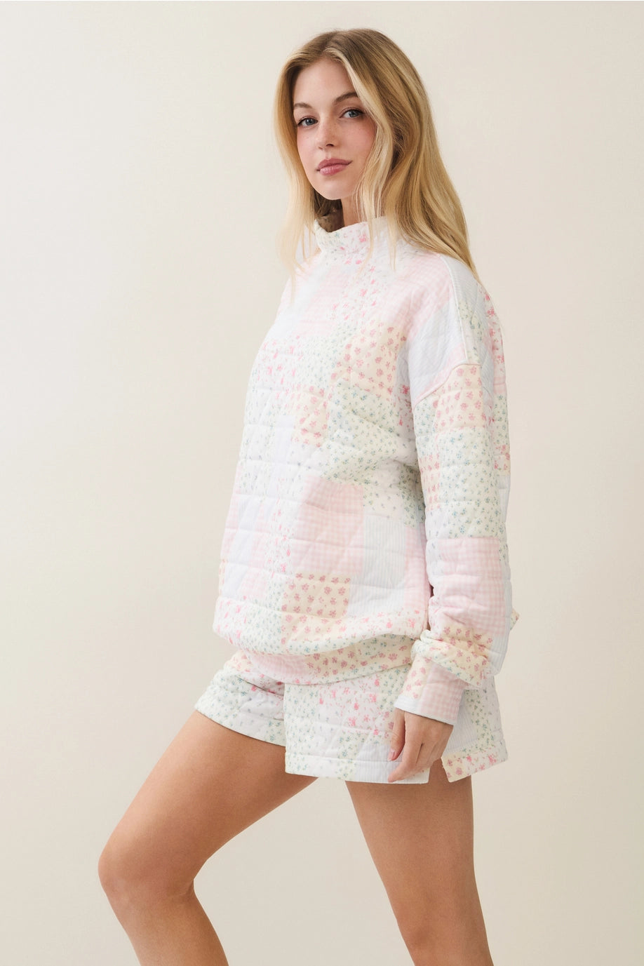 Pink Quilted Mock Neck Sweatshirt