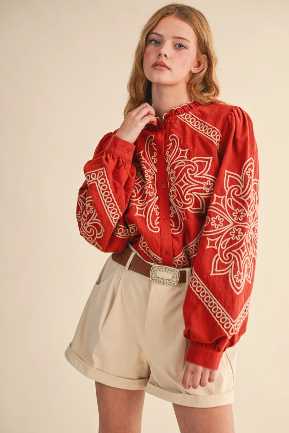 Rust Embroidered Button Up Top