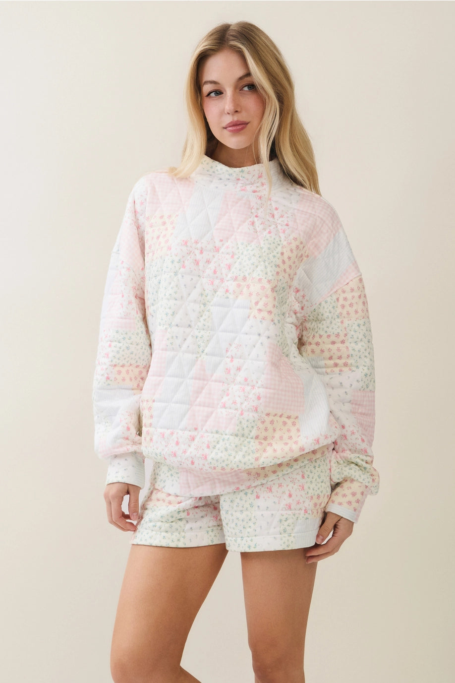 Pink Quilted Mock Neck Sweatshirt