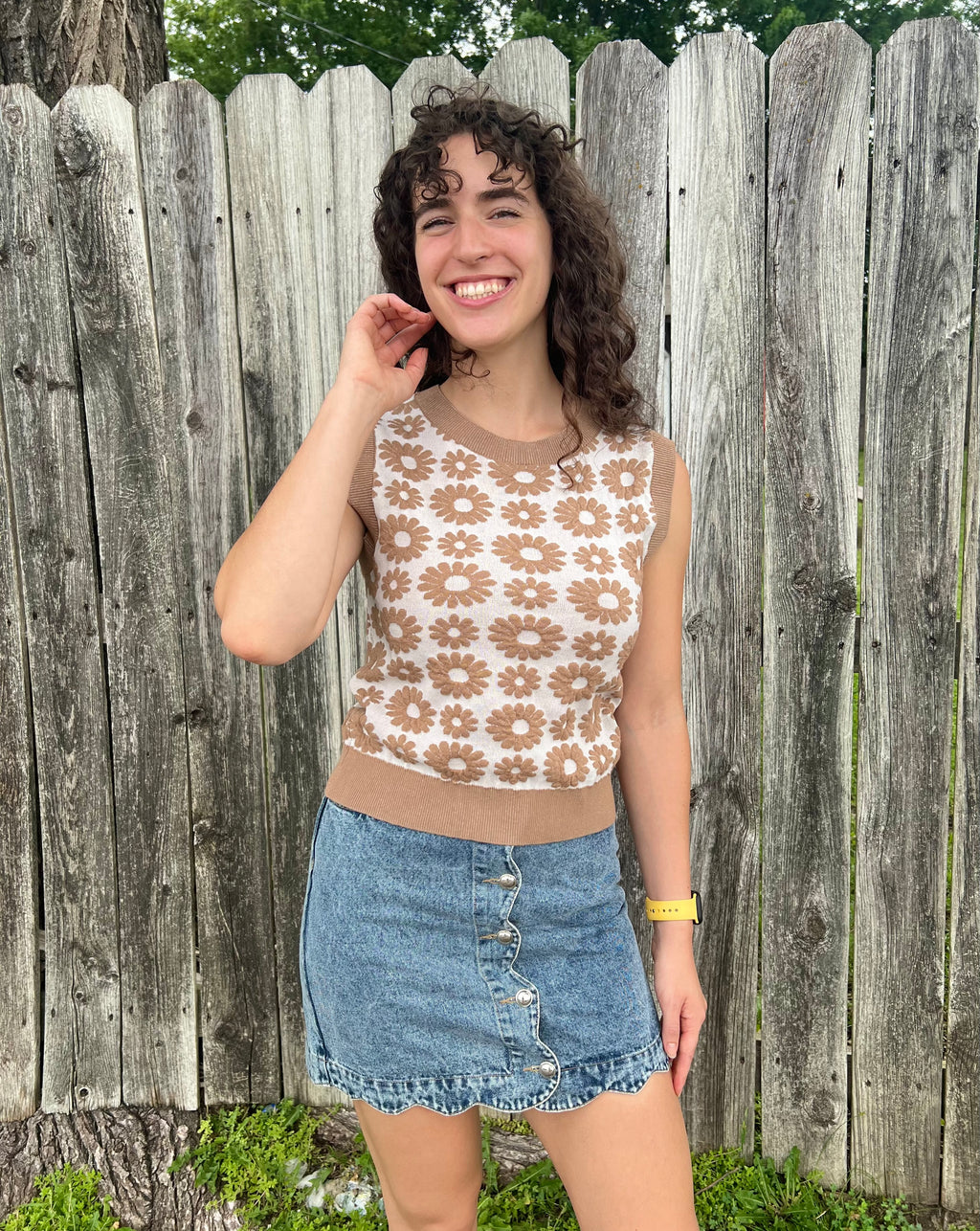 Tan Flowers Sweater Vest
