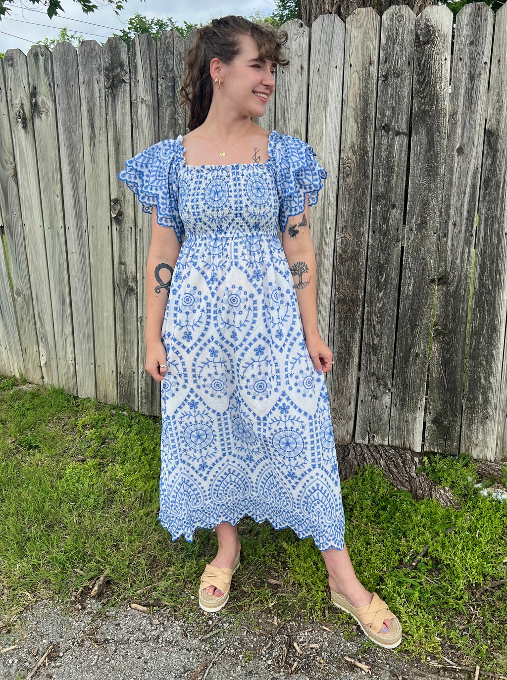 White with Blue Eyelet Maxi Dress