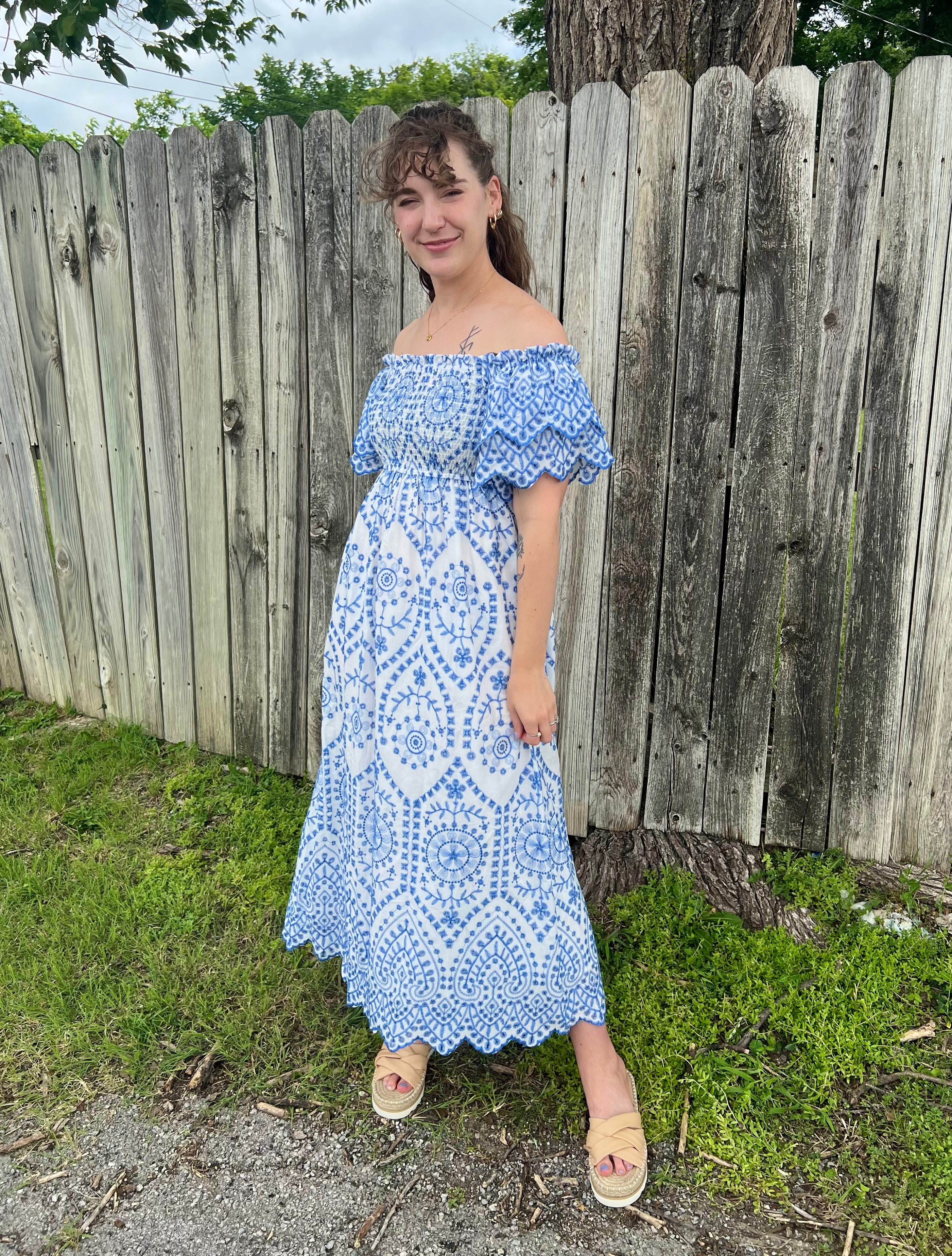 White with Blue Eyelet Maxi Dress