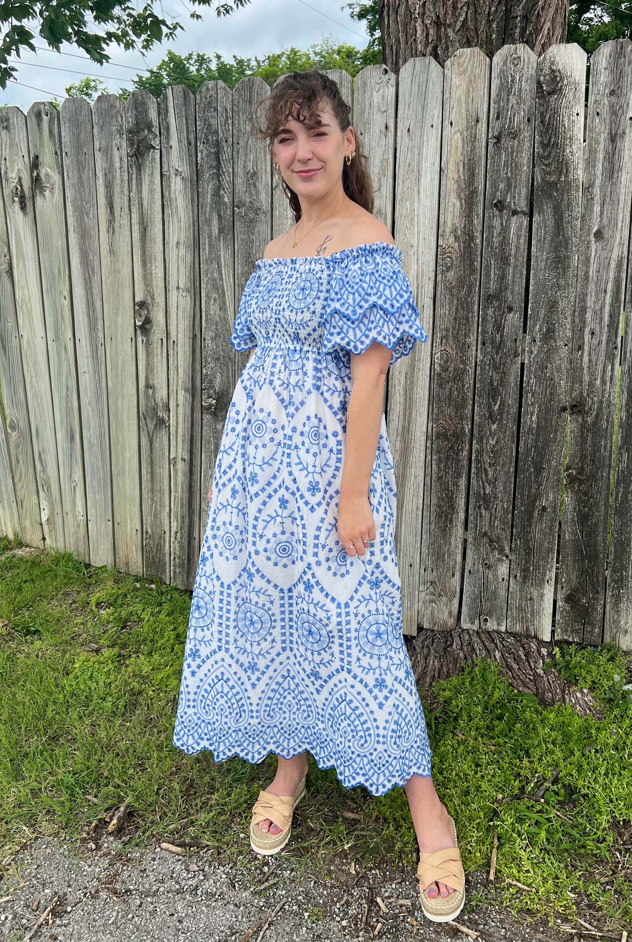 White with Blue Eyelet Maxi Dress