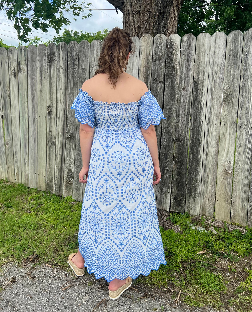 White with Blue Eyelet Maxi Dress