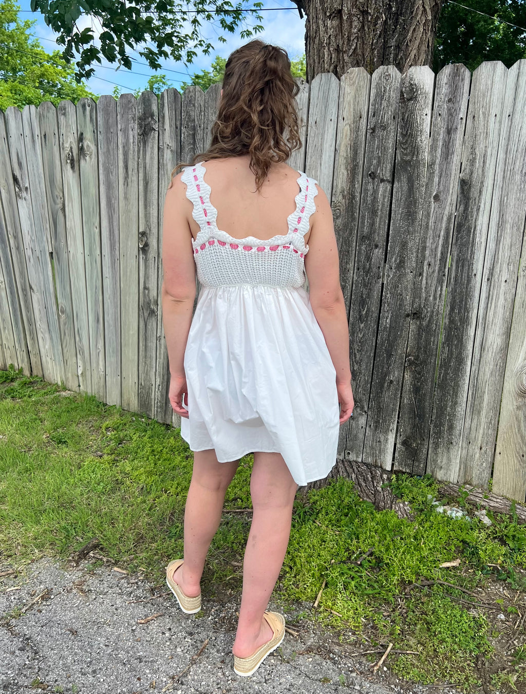 White Mini Dress with Red Gingham Ribbon