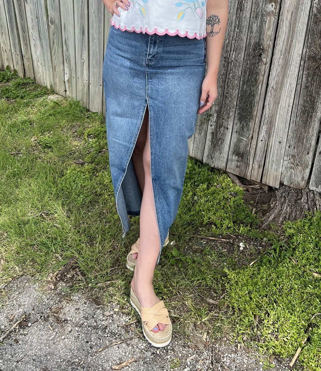 Denim with Slit Maxi Skirt