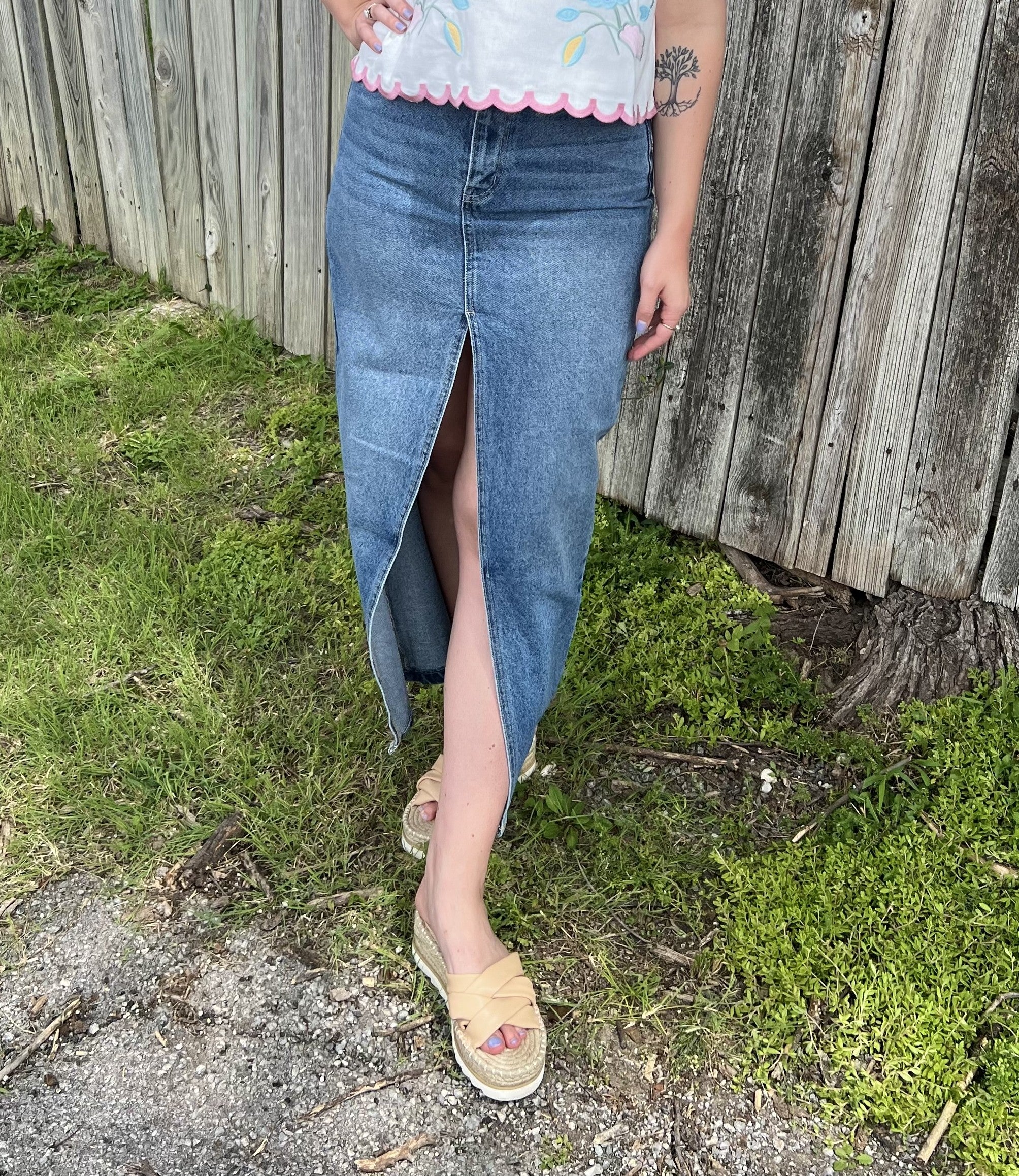 Denim with Slit Maxi Skirt