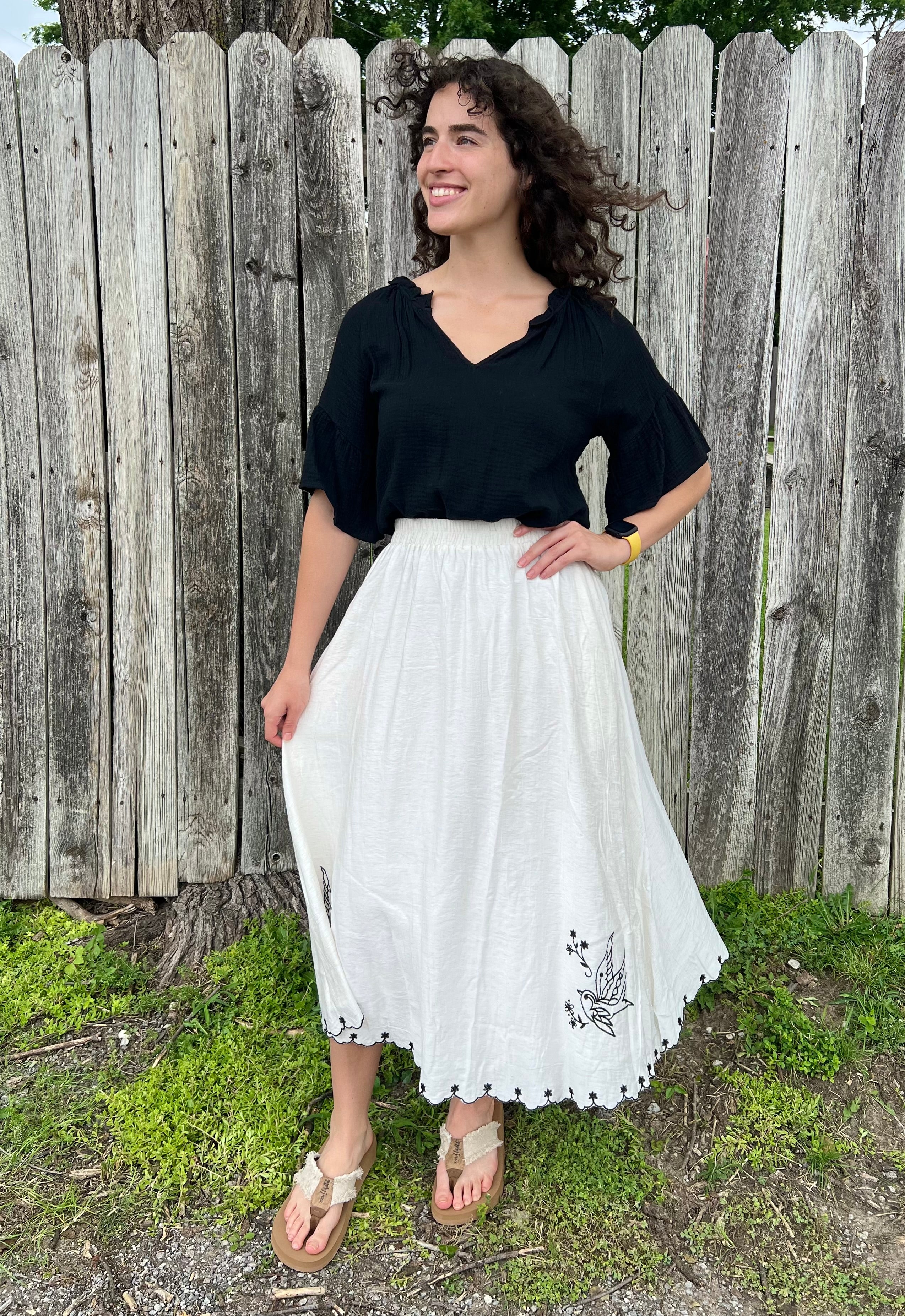 White with Embroidered Birds Midi Skirt