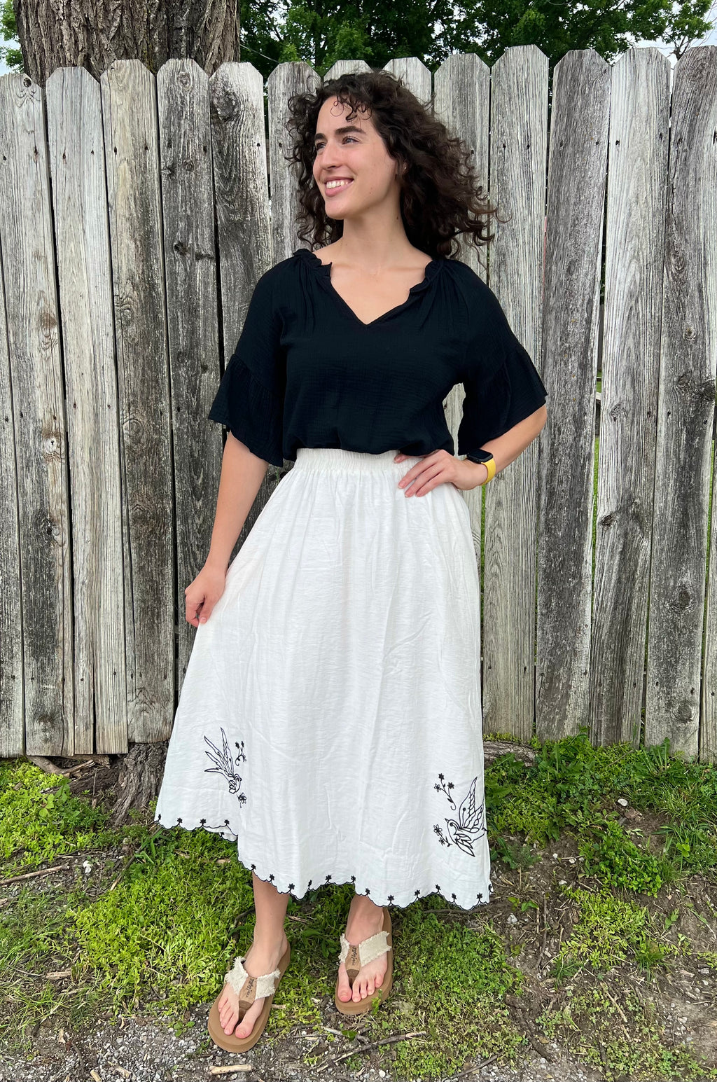 White with Embroidered Birds Midi Skirt