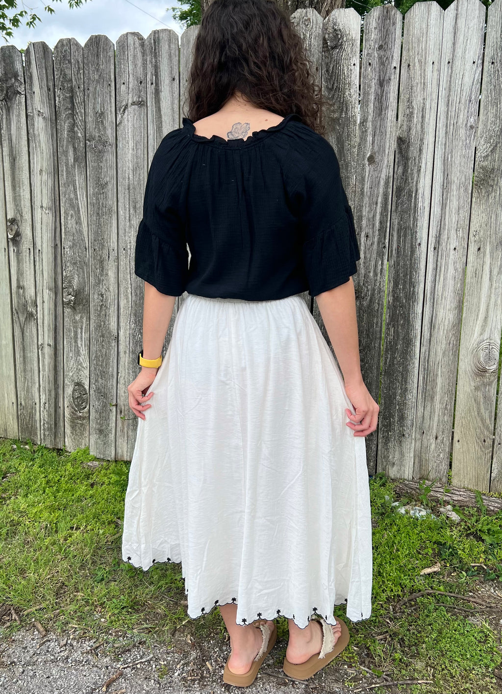 White with Embroidered Birds Midi Skirt
