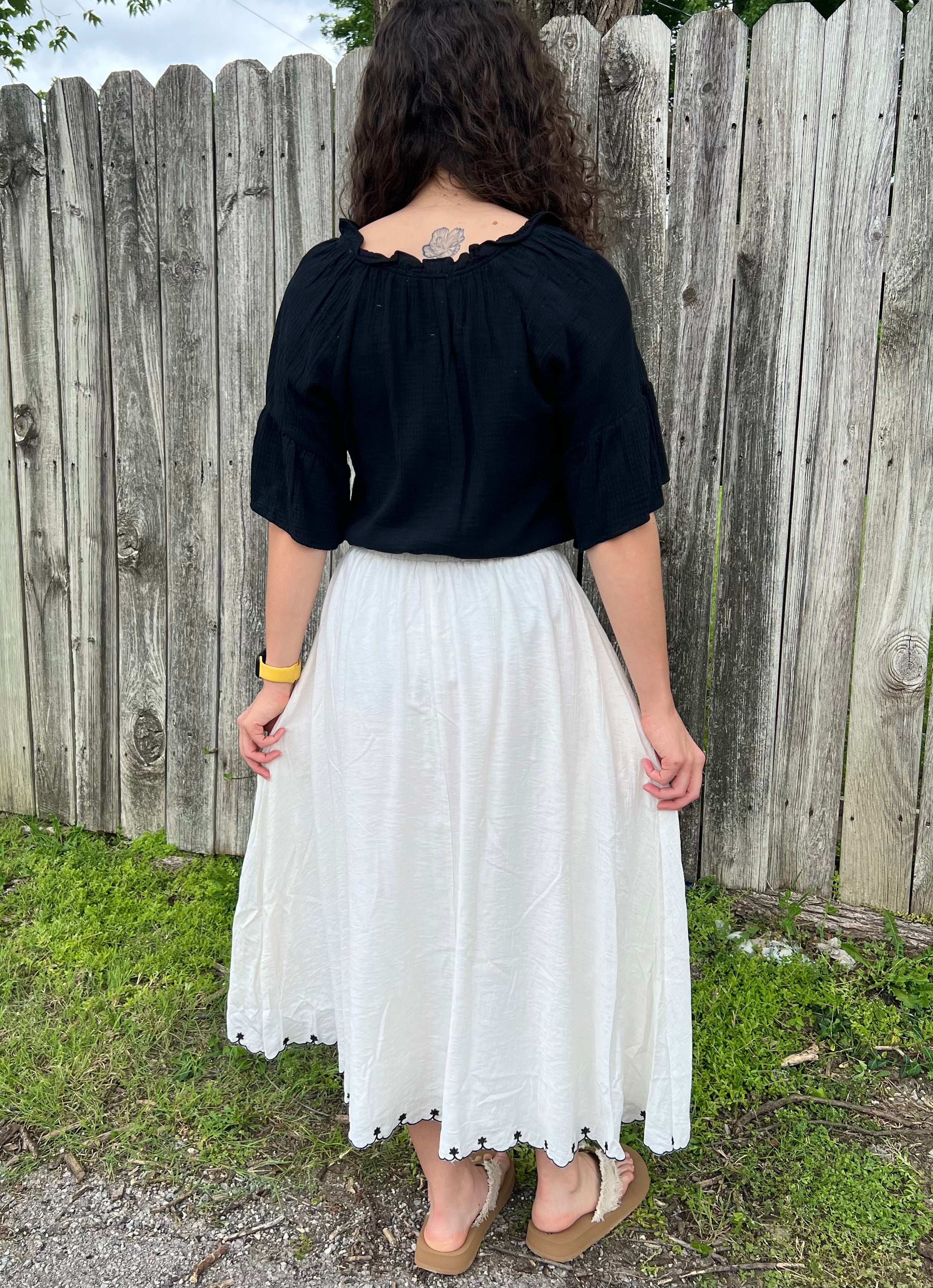 White with Embroidered Birds Midi Skirt