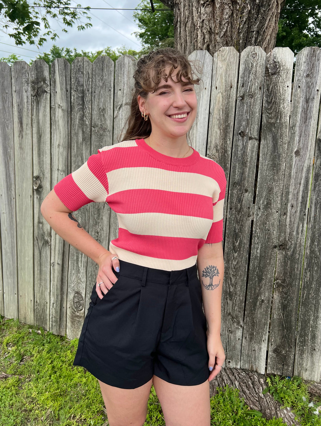 Coral Striped Ribbed Top