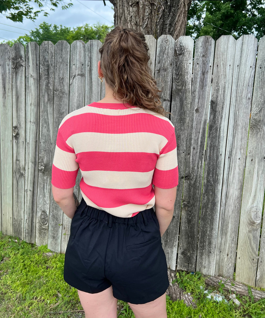 Coral Striped Ribbed Top