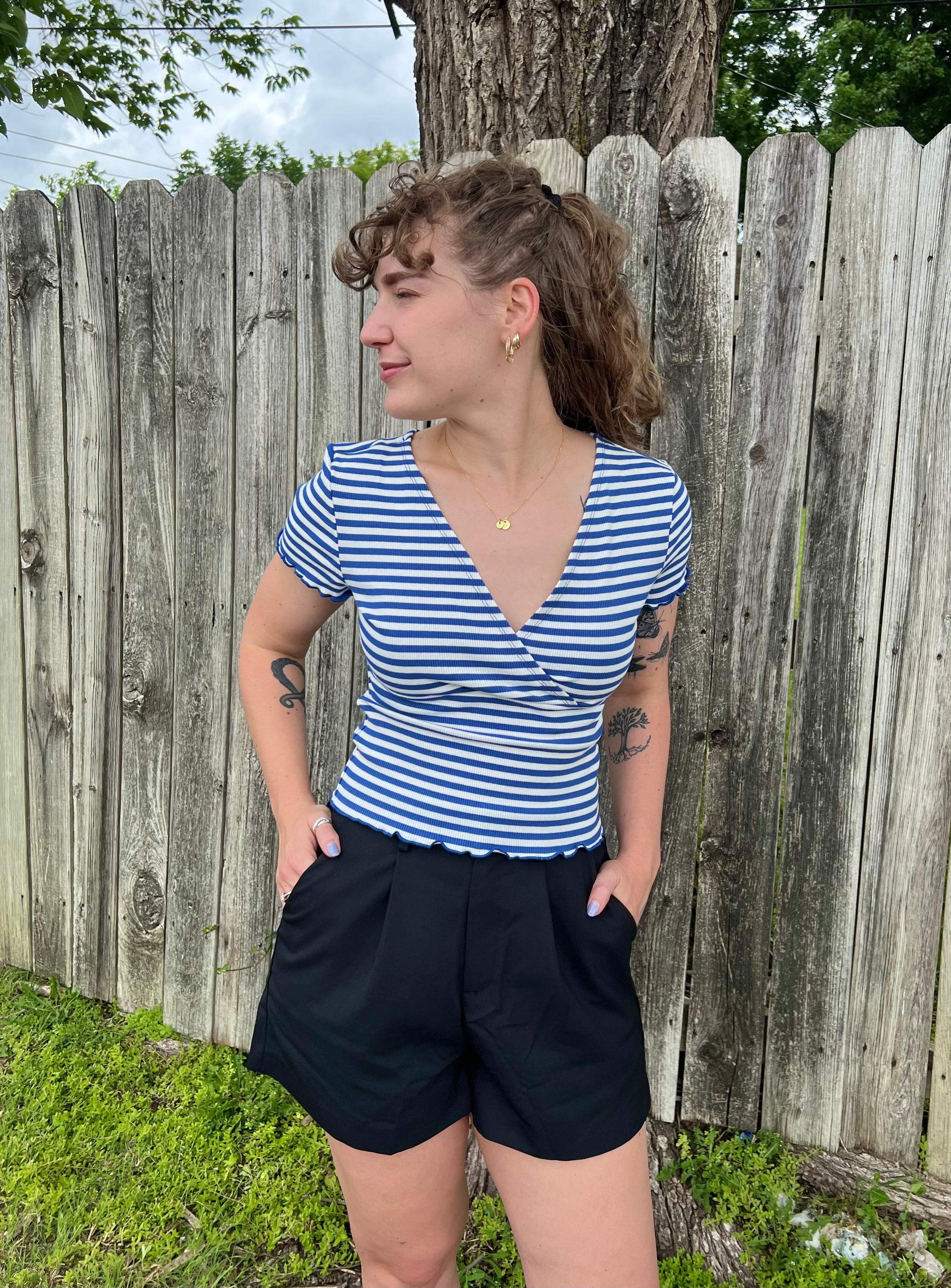 Blue Striped Faux Wrapped Top