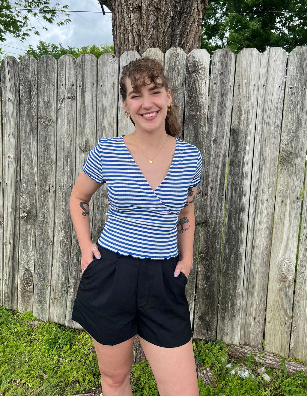 Blue Striped Faux Wrapped Top