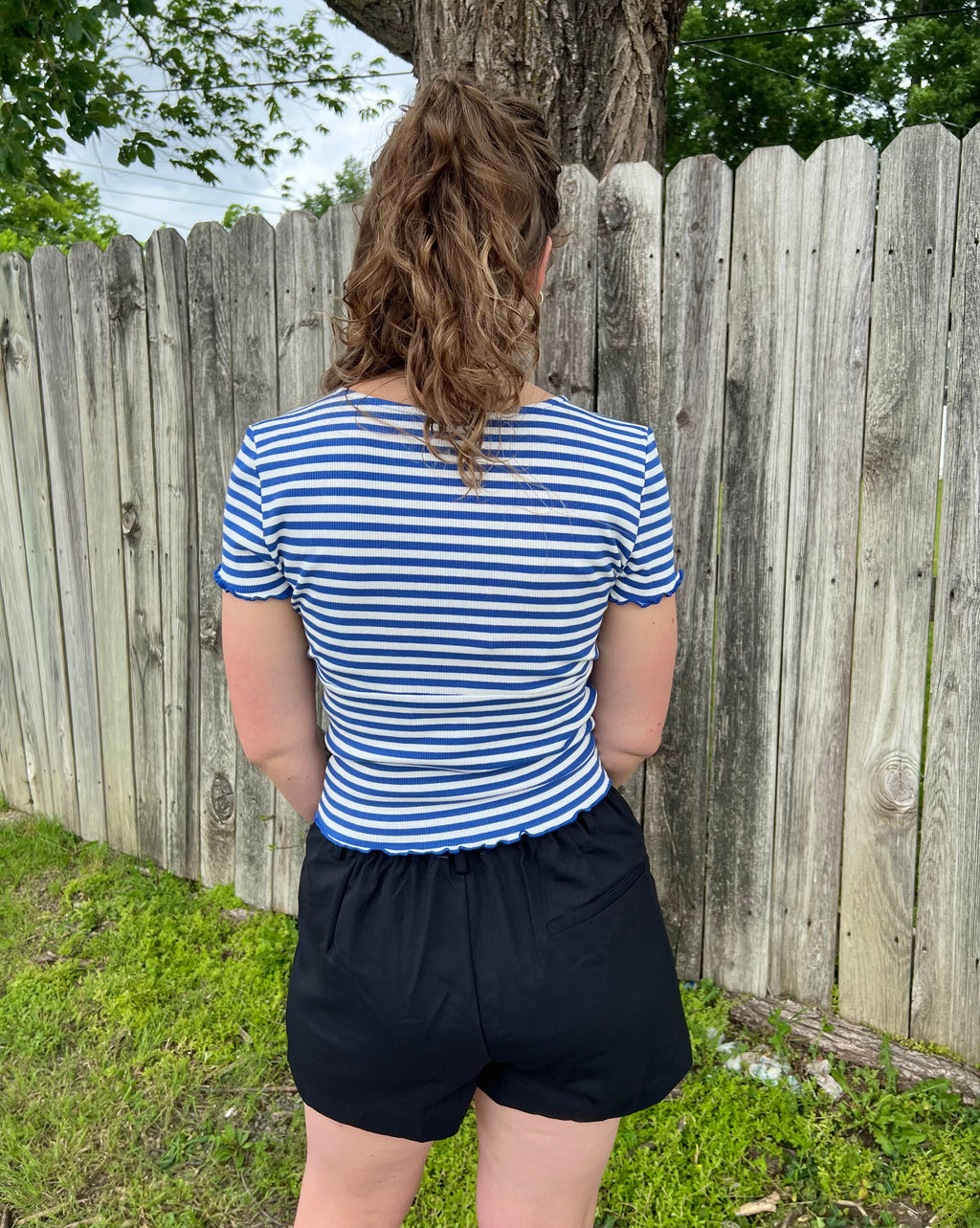 Blue Striped Faux Wrapped Top
