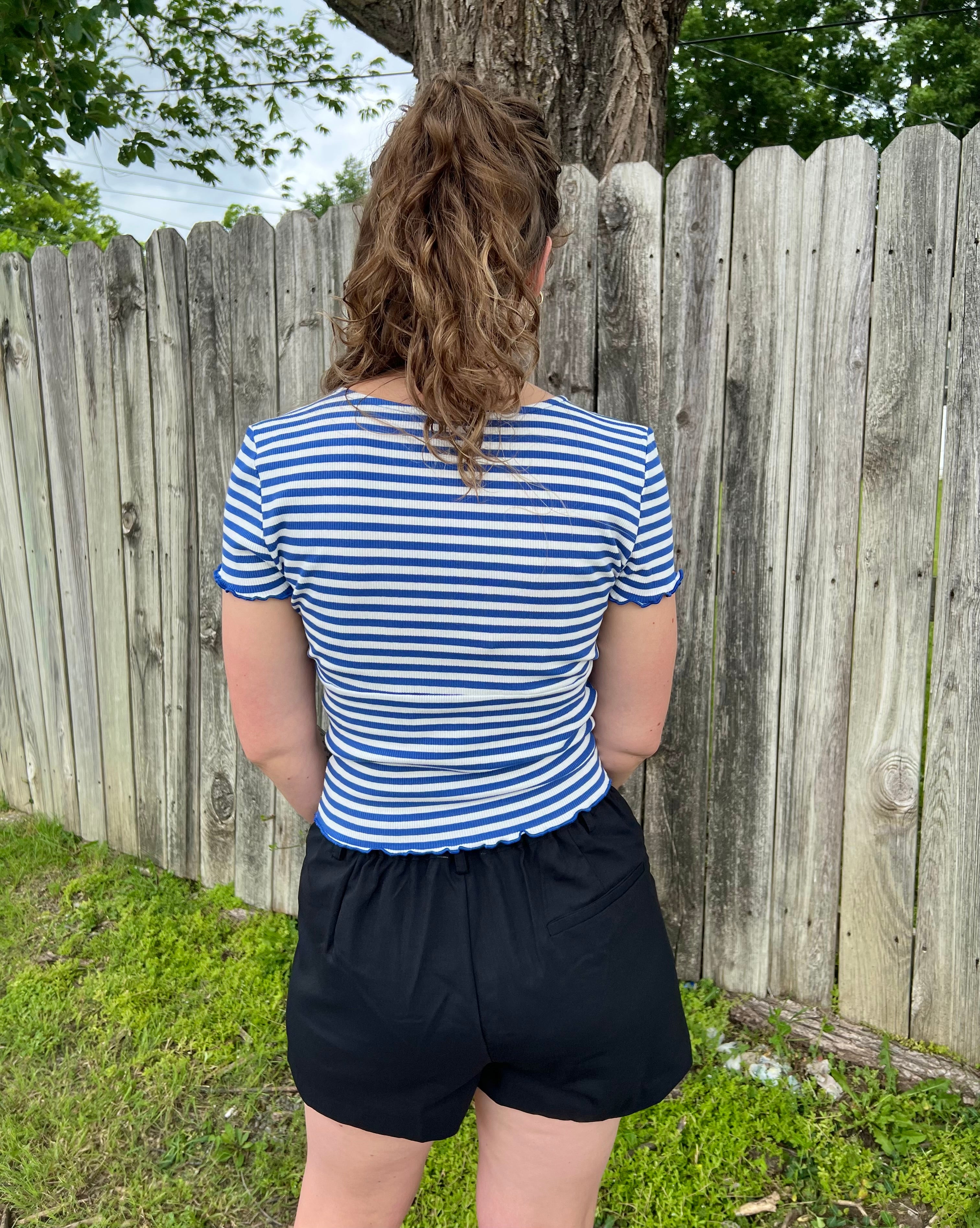 Blue Striped Faux Wrapped Top