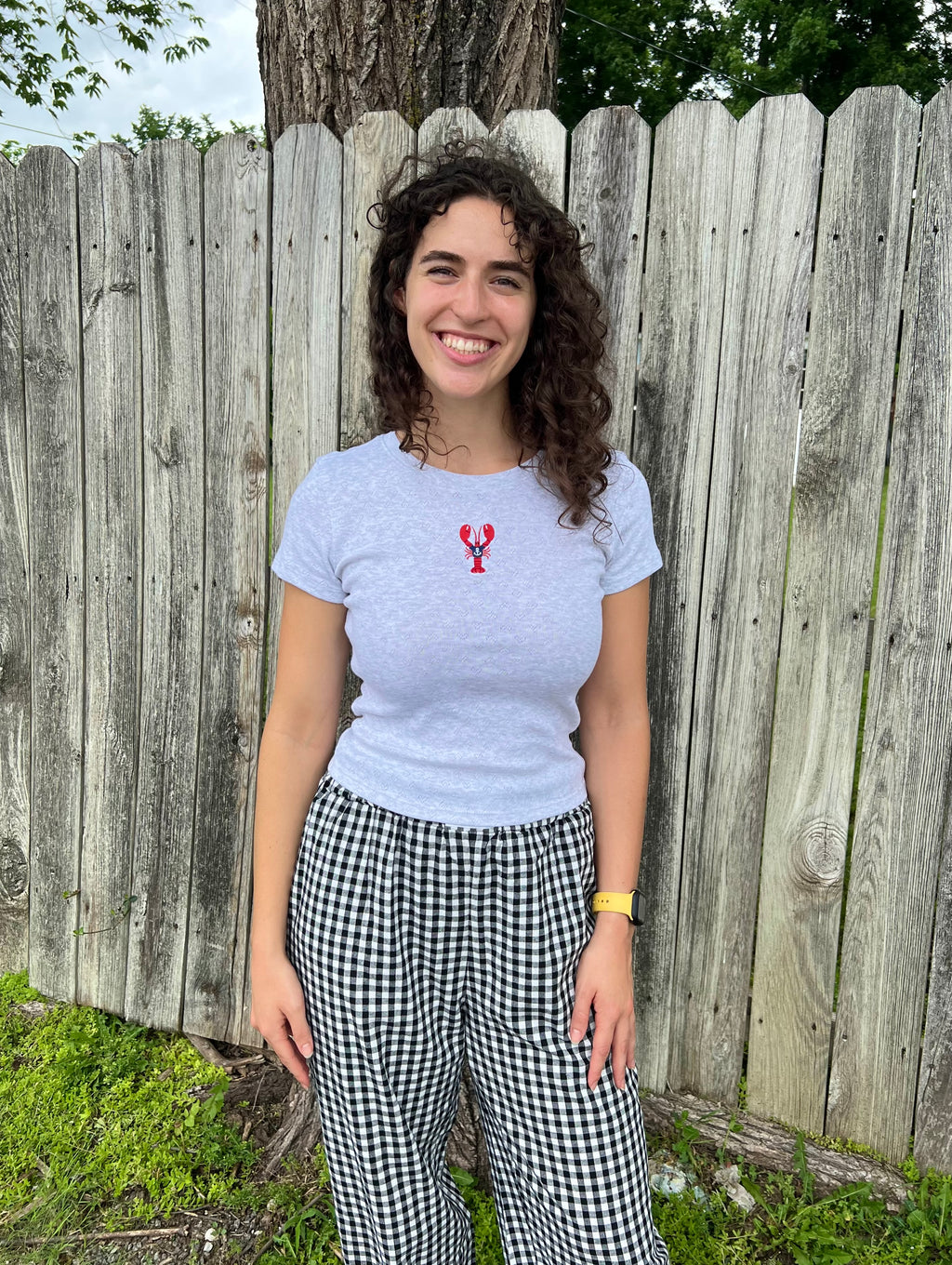 Lobster Embroidered Heather Gray Cropped T-Shirt