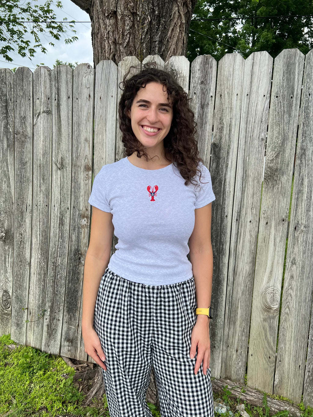 Lobster Embroidered Heather Gray Cropped T-Shirt